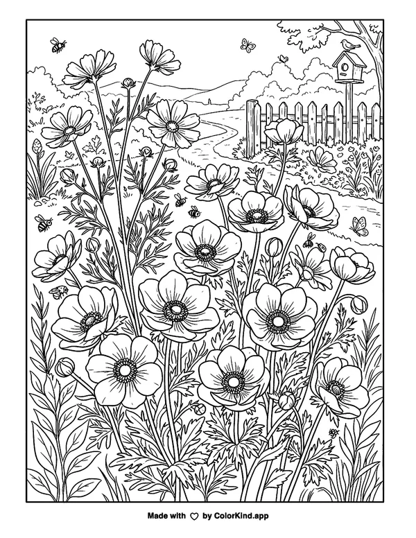Anemones and Cosmos as clean black-and-white printable line art made by ColorKind