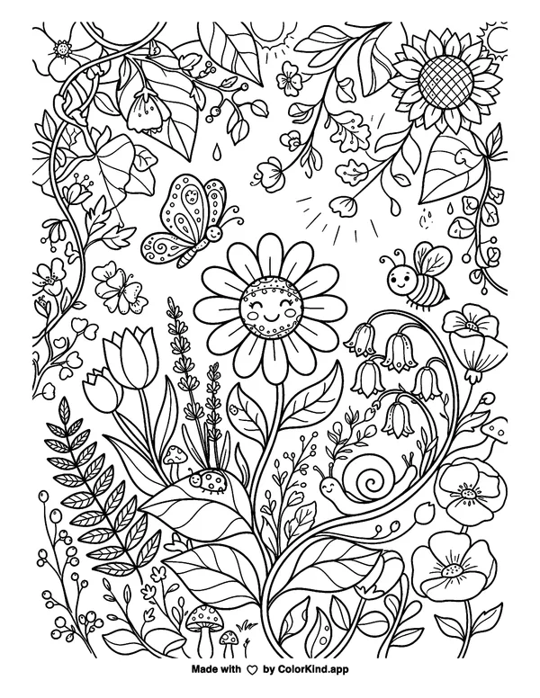 Botanical Bliss as clean black-and-white printable line art made by ColorKind