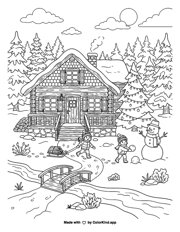 Cabin In The Snow as clean black-and-white printable line art made by ColorKind