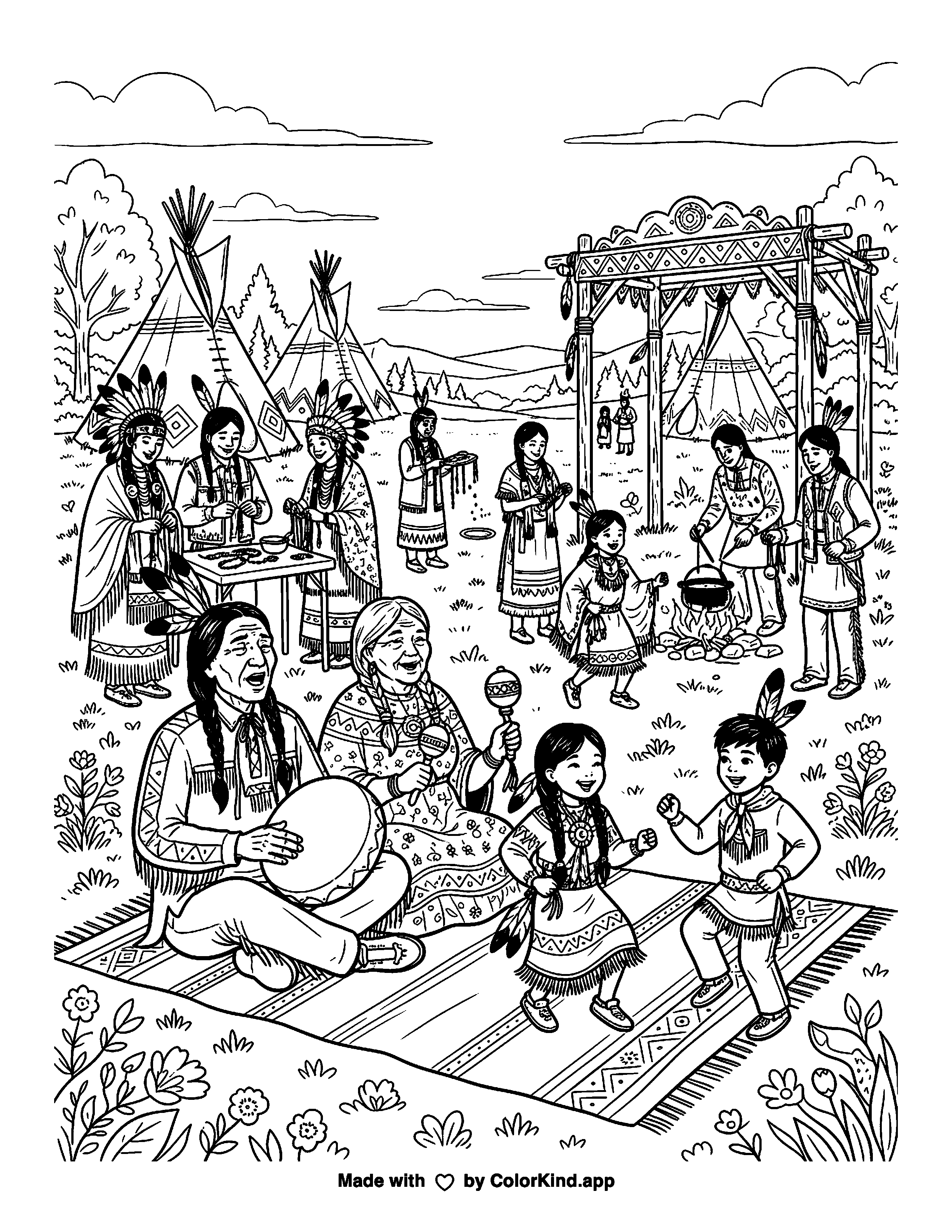 Celebrate Native American Heritage Month as clean black-and-white printable line art made by ColorKind