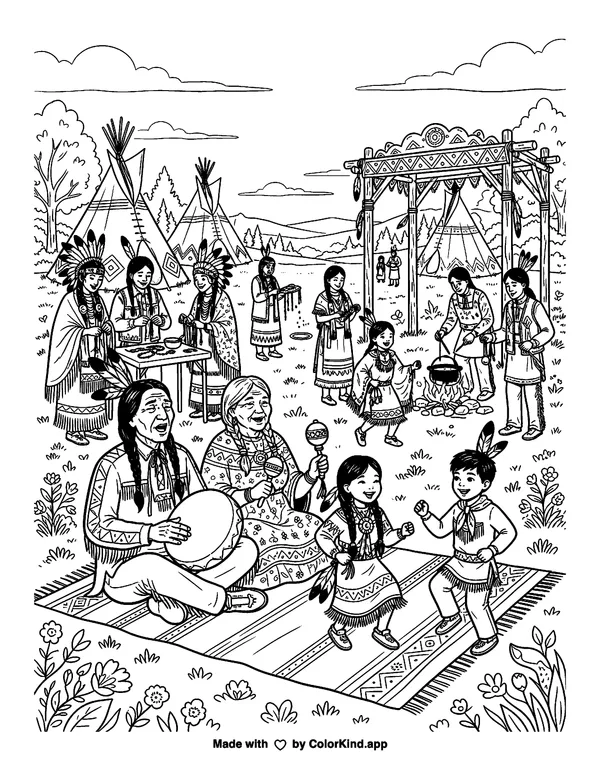Celebrate Native American Heritage Month as clean black-and-white printable line art made by ColorKind