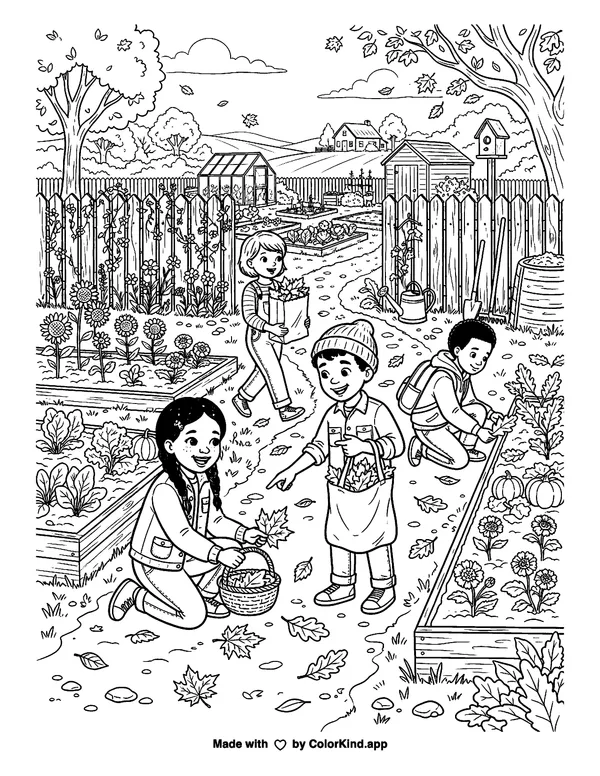 Children on a nature walk collecting fallen leaves in a lively community garden as clean black-and-white printable line art made by ColorKind