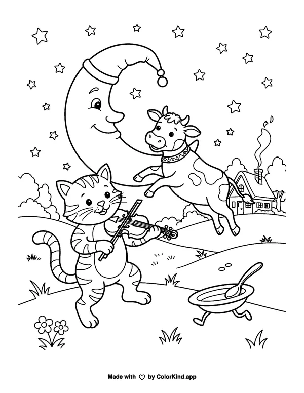Children on a nature walk collecting fallen leaves under a sky full of clouds as clean black-and-white printable line art made by ColorKind