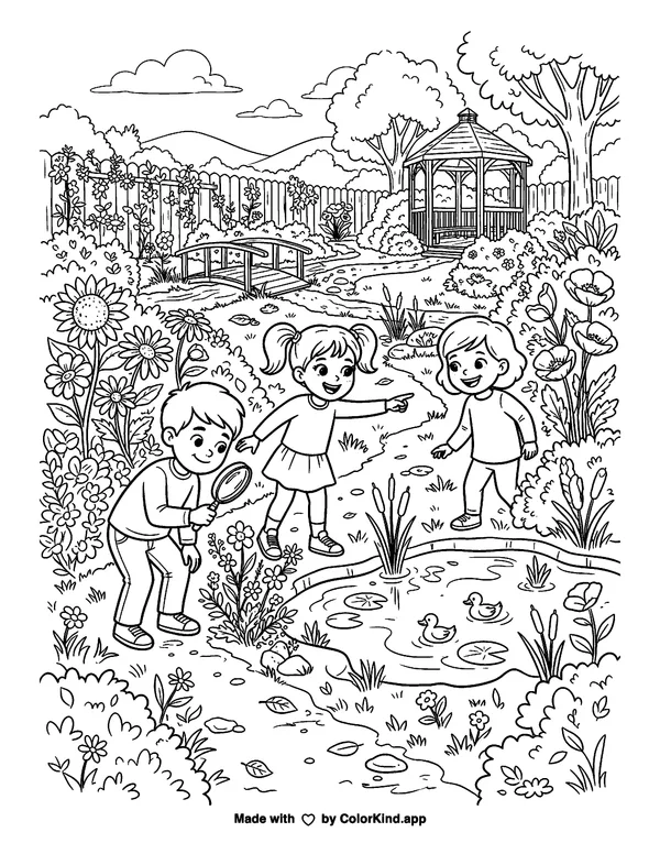 Children on a nature walk discovering a hidden pond in a lively community garden as clean black-and-white printable line art made by ColorKind