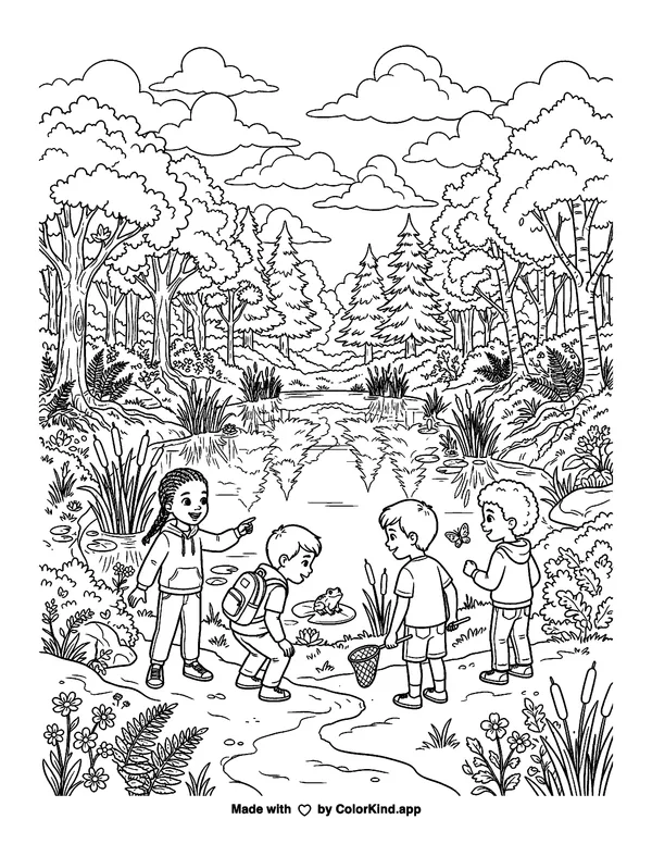 Children on a nature walk discovering a hidden pond under a sky full of clouds as clean black-and-white printable line art made by ColorKind