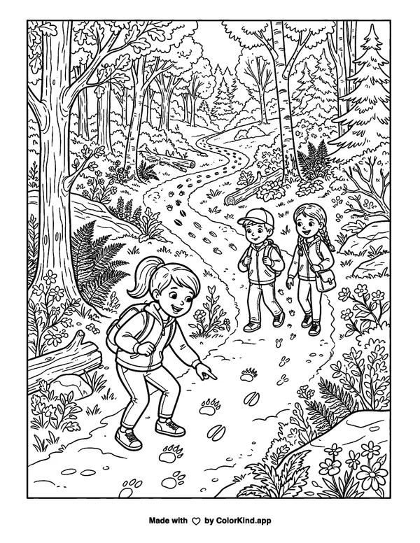 Children on a nature walk following animal tracks along a winding woodland trail, scene 2 as clean black-and-white printable line art made by ColorKind