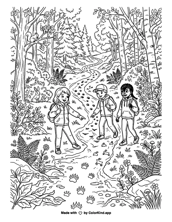 Children on a nature walk following animal tracks along a winding woodland trail as clean black-and-white printable line art made by ColorKind