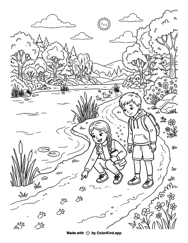 Children on a nature walk following animal tracks beside a peaceful pond as clean black-and-white printable line art made by ColorKind