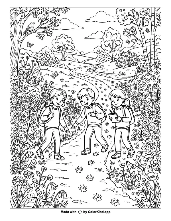 Children on a nature walk following animal tracks in a flower-filled park as clean black-and-white printable line art made by ColorKind