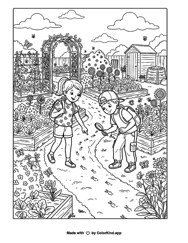 Children on a nature walk following animal tracks in a lively community garden as clean black-and-white printable line art made by ColorKind