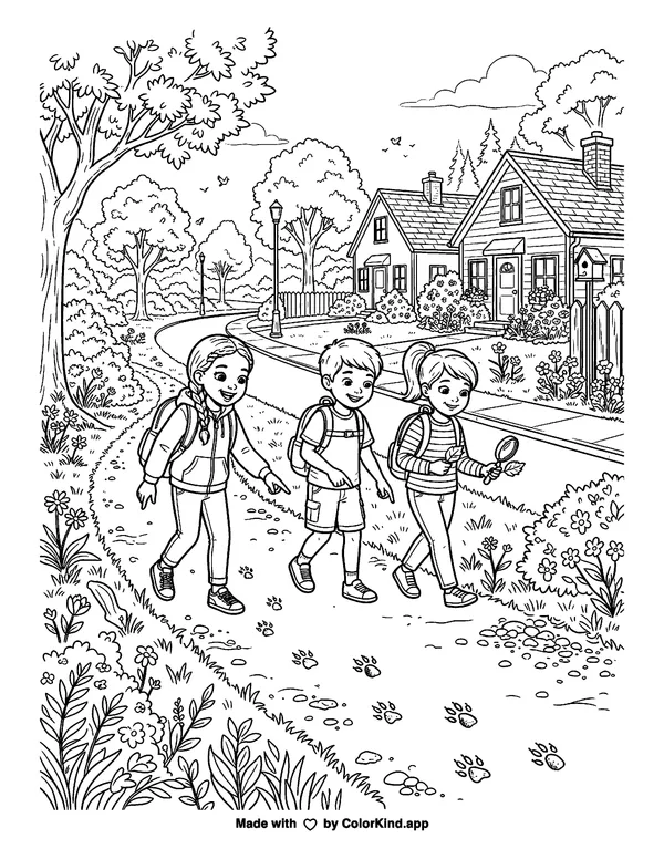 Children on a nature walk following animal tracks in a welcoming neighborhood as clean black-and-white printable line art made by ColorKind