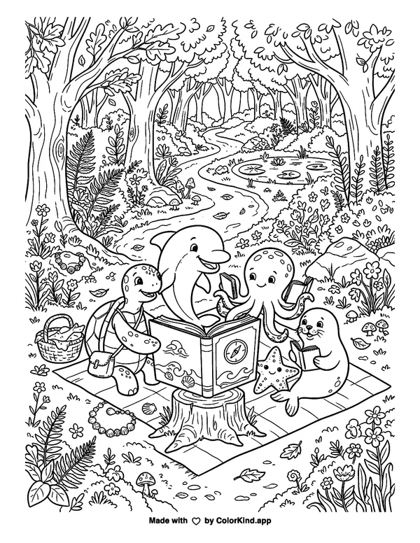 Sea Animals Reading in the Forest, scene 2 as clean black-and-white printable line art made by ColorKind