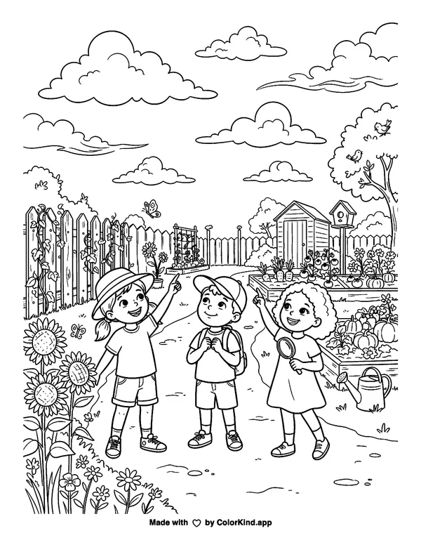 Children on a nature walk observing clouds in a lively community garden as clean black-and-white printable line art made by ColorKind