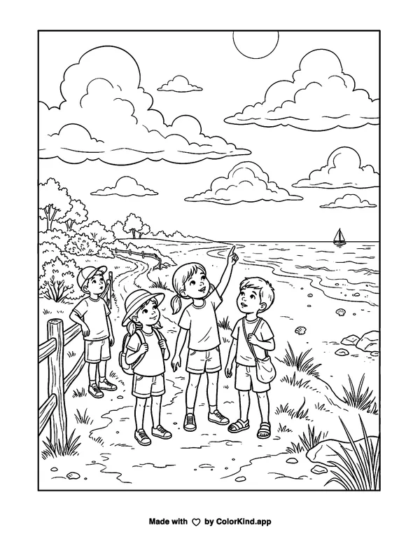 Children on a nature walk observing clouds near a sunny beach as clean black-and-white printable line art made by ColorKind