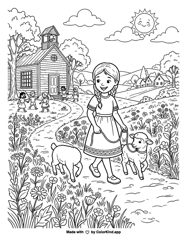 Girl Walking Lambs by the Schoolhouse as clean black-and-white printable line art made by ColorKind