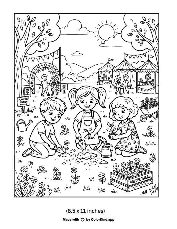 Children on a nature walk planting wildflowers at a cheerful outdoor festival as clean black-and-white printable line art made by ColorKind