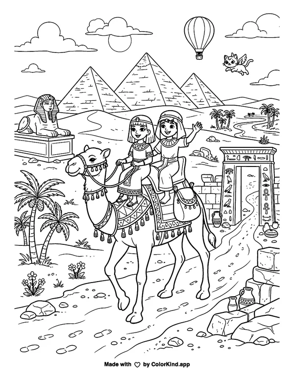 Children Riding a Camel in Egypt as clean black-and-white printable line art made by ColorKind