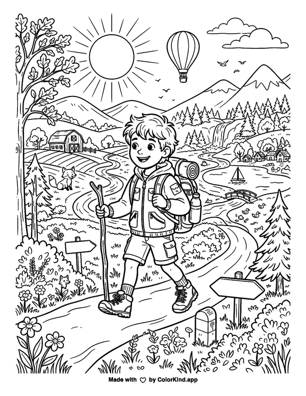 Child Hiking near a Lake as clean black-and-white printable line art made by ColorKind