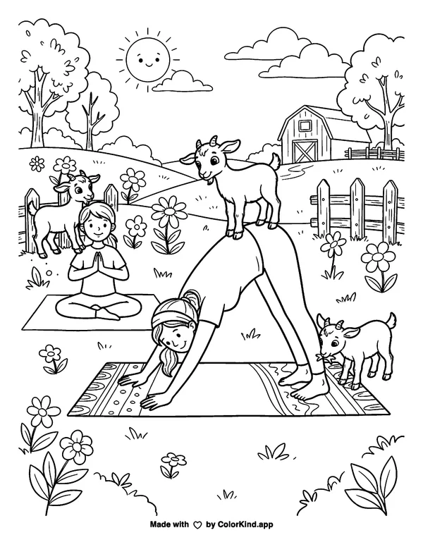 People Doing Yoga with Goats as clean black-and-white printable line art made by ColorKind