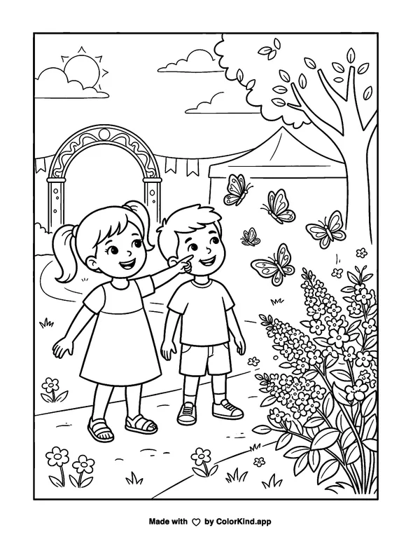 Children on a nature walk watching butterflies at a cheerful outdoor festival as clean black-and-white printable line art made by ColorKind