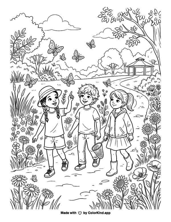 Children on a nature walk watching butterflies in a flower-filled park as clean black-and-white printable line art made by ColorKind
