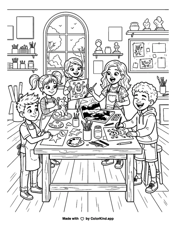 Children on a nature walk watching butterflies in a welcoming neighborhood as clean black-and-white printable line art made by ColorKind