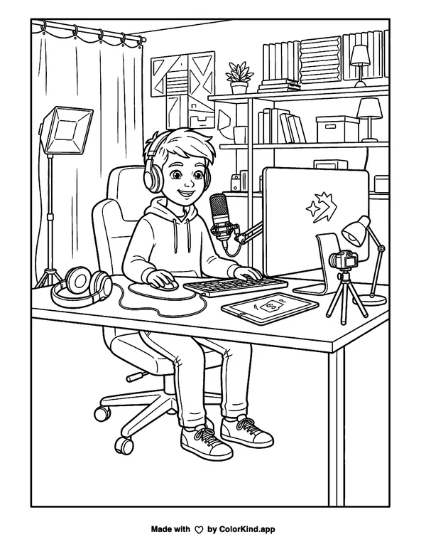 Boy at a recording desk as clean black-and-white printable line art made by ColorKind