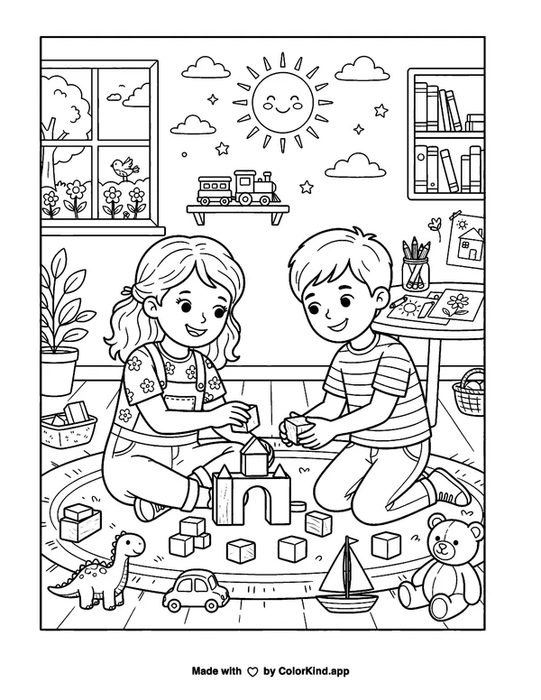 Children on a nature walk watching butterflies inside a warm storybook cottage as clean black-and-white printable line art made by ColorKind