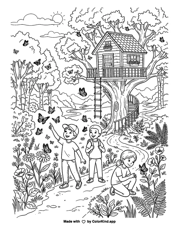 Children on a nature walk watching butterflies near a cozy treehouse as clean black-and-white printable line art made by ColorKind