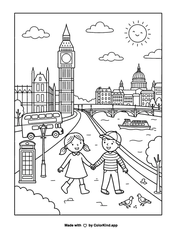 City Escapes London as clean black-and-white printable line art made by ColorKind