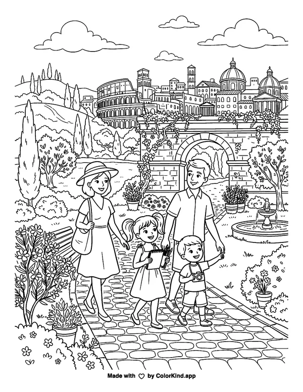 City Escapes Rome as clean black-and-white printable line art made by ColorKind