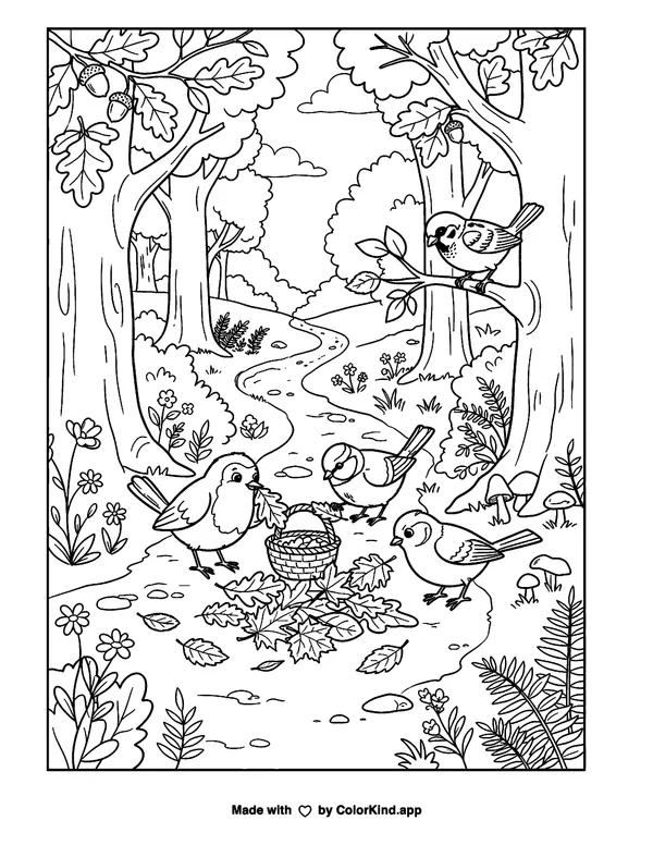 Curious garden birds collecting fallen leaves along a winding woodland trail as clean black-and-white printable line art made by ColorKind