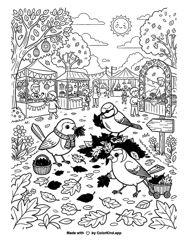 Curious garden birds collecting fallen leaves at a cheerful outdoor festival as clean black-and-white printable line art made by ColorKind