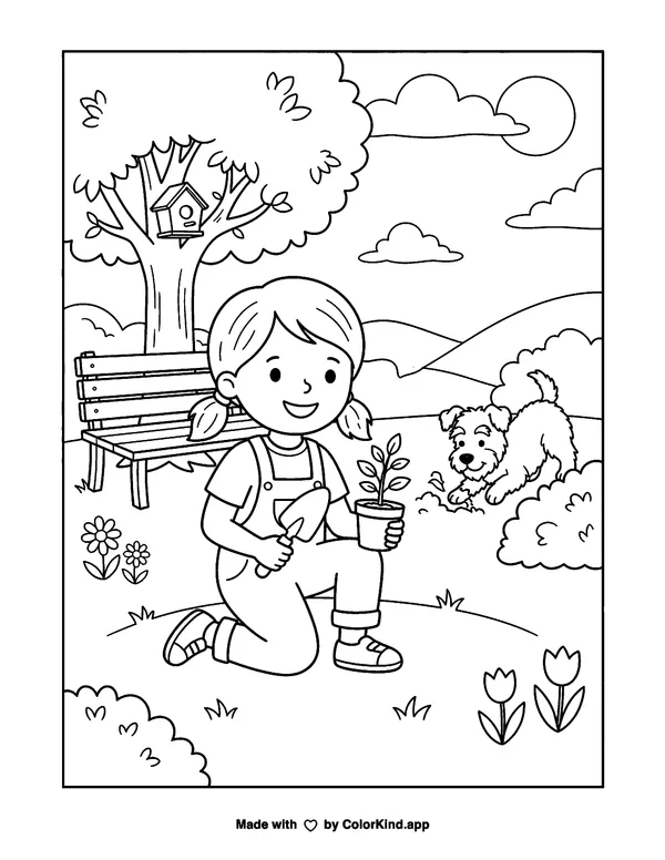 Curious garden birds collecting fallen leaves beside a peaceful pond, scene 2 as clean black-and-white printable line art made by ColorKind