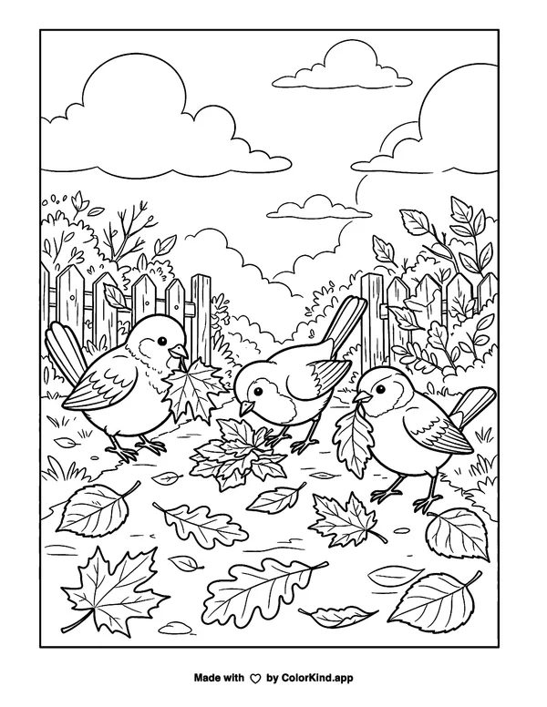 Curious garden birds collecting fallen leaves under a sky full of clouds, scene 2 as clean black-and-white printable line art made by ColorKind