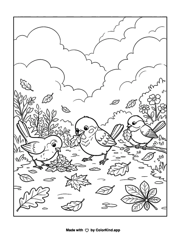 Curious garden birds collecting fallen leaves under a sky full of clouds as clean black-and-white printable line art made by ColorKind