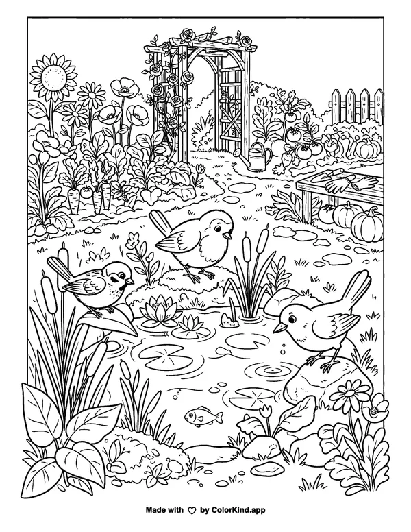 Curious garden birds discovering a hidden pond in a lively community garden as clean black-and-white printable line art made by ColorKind