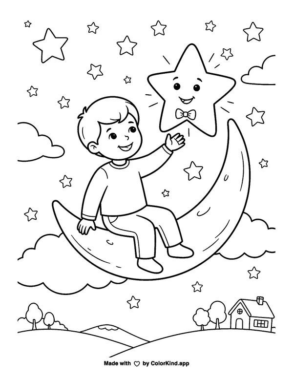 A boy sitting on a crescent moon with a star as clean black-and-white printable line art made by ColorKind