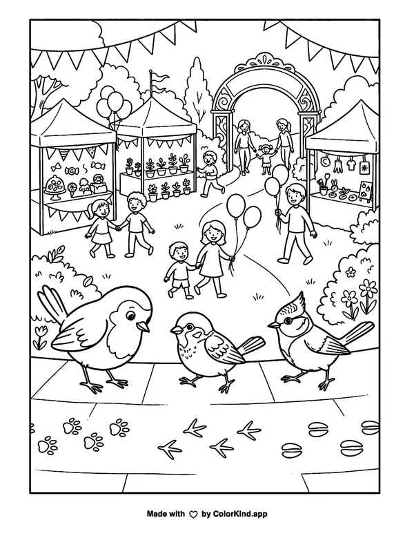 Outdoor Market with Birds as clean black-and-white printable line art made by ColorKind