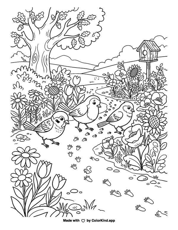 Three Birds in a Flower Garden as clean black-and-white printable line art made by ColorKind