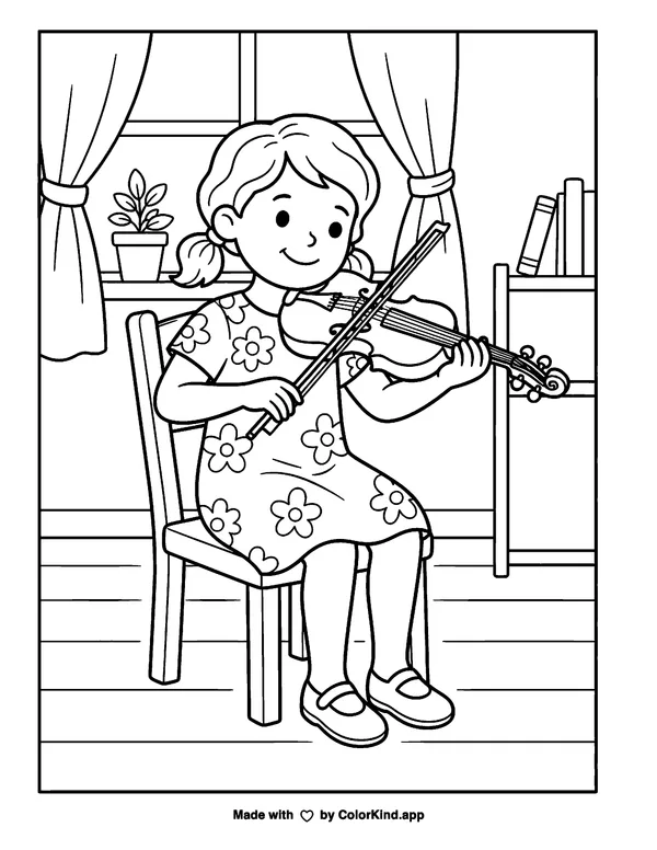 Girl Playing the Violin as clean black-and-white printable line art made by ColorKind