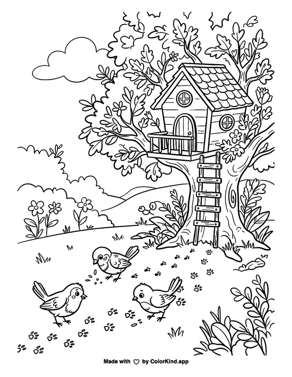 Curious garden birds following animal tracks near a cozy treehouse as clean black-and-white printable line art made by ColorKind