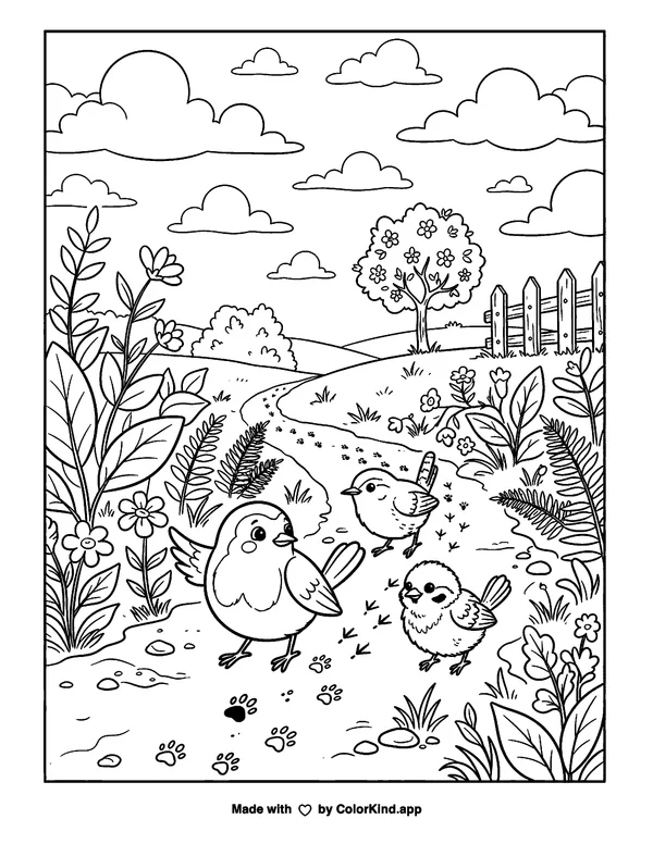 Curious garden birds following animal tracks under a sky full of clouds as clean black-and-white printable line art made by ColorKind