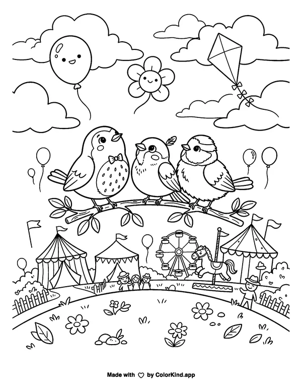 Curious garden birds observing clouds at a cheerful outdoor festival as clean black-and-white printable line art made by ColorKind