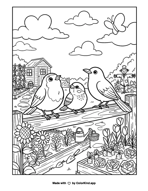 Curious garden birds observing clouds in a lively community garden, scene 2 as clean black-and-white printable line art made by ColorKind