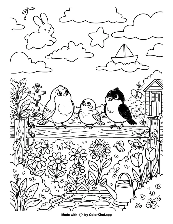 Curious garden birds observing clouds in a lively community garden as clean black-and-white printable line art made by ColorKind