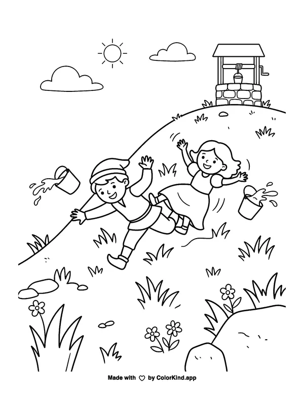 Children tumbling down a grassy hill as clean black-and-white printable line art made by ColorKind