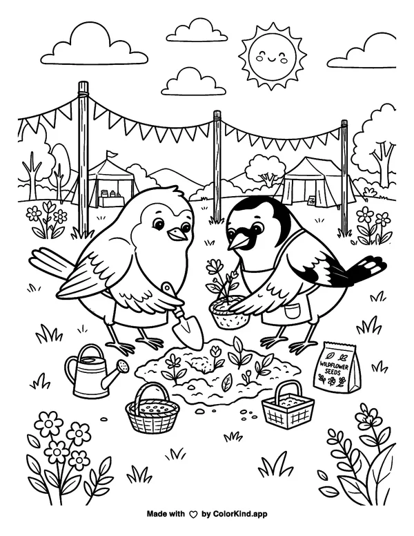 Birds Gardening at a Festival as clean black-and-white printable line art made by ColorKind
