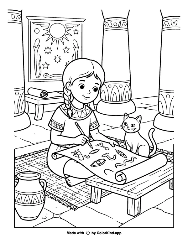 Girl Drawing Hieroglyphs with a Cat as clean black-and-white printable line art made by ColorKind