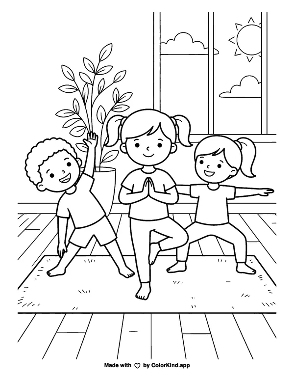 Children Practicing Yoga as clean black-and-white printable line art made by ColorKind